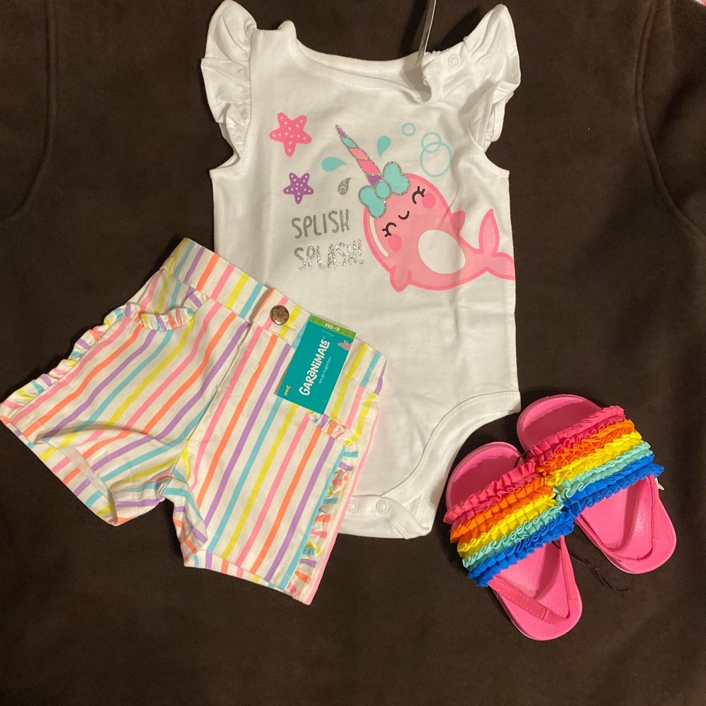 bodysuit and shorts with sandals